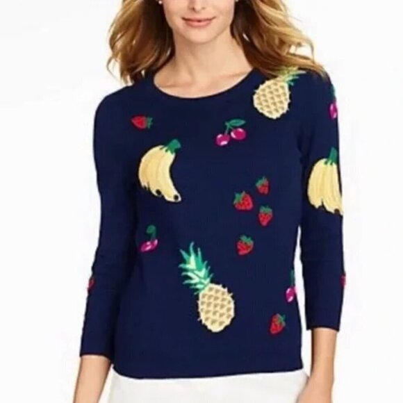 Talbots Tops - Talbots Women's Navy Blue Embroidered Fruit Knit Pullover Sweater Size Small